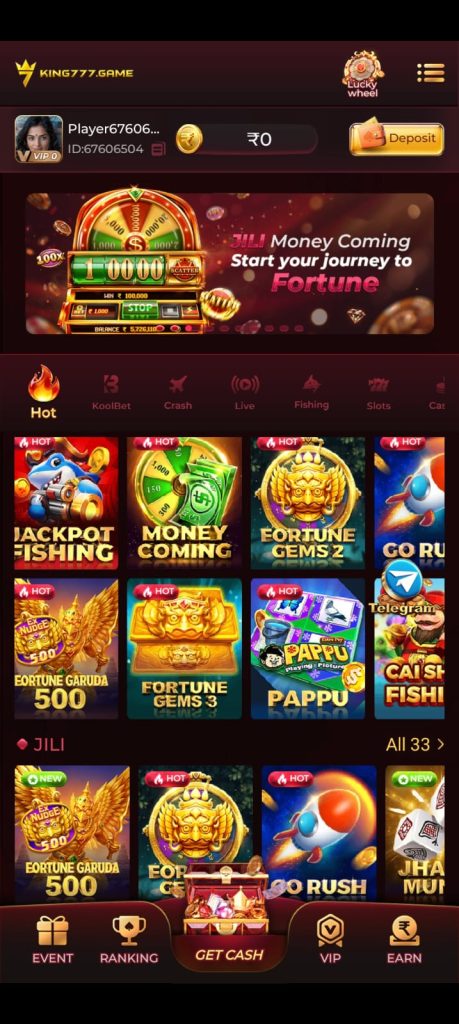 King777 Game home screen with gaming options and featured games