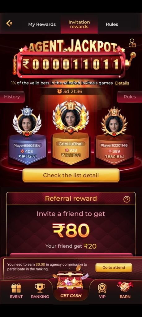 King777 Game agent jackpot and referral rewards screen